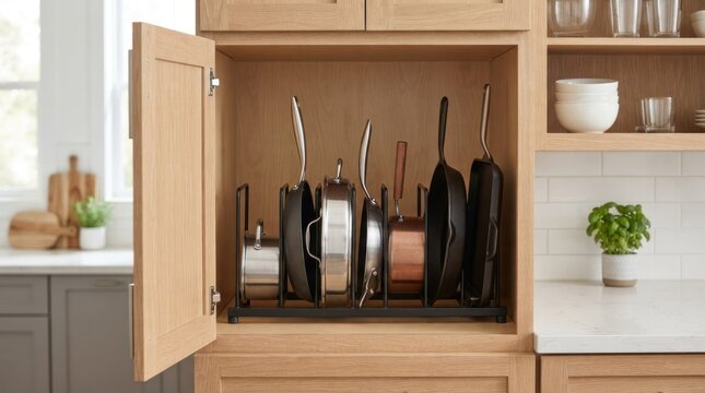 A wooden cabinet with a black metal pan organizer holding various cooking utensils and a potted plant in a kitchen setting.