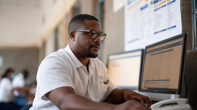 A Kenyan public health worker at a disease outbreak reporting hotline station reviews incoming call logs on a government-issue computer, wall chart of epidemiological data behind
