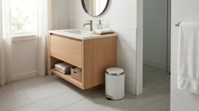 A modern bathroom with a sleek white vanity, a round mirror, and a sleek white trash can.