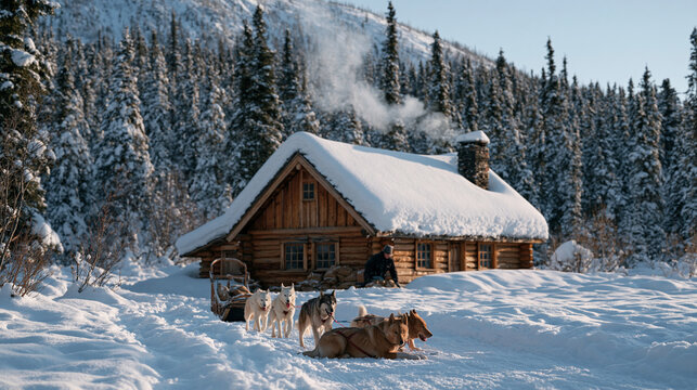 Dog sled team arriving at remote northern trapper cabin in dense snow covered forest, wooden structure with smoke from chimney, driver unloading essential winter supplies,
