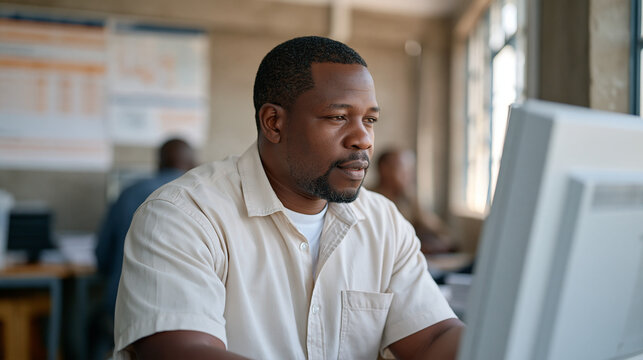 A Kenyan public health worker at a disease outbreak reporting hotline station reviews incoming call logs on a government-issue computer, wall chart of epidemiological data behind