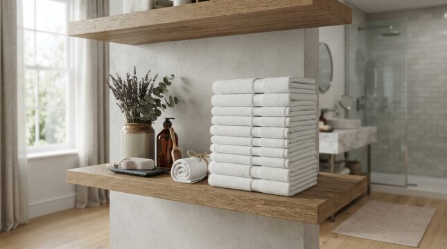 A neatly folded stack of white towels on a wooden shelf in a bathroom.