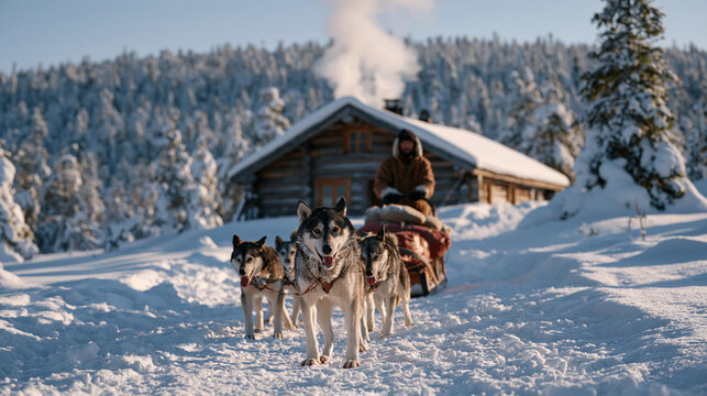 Dog sled team arriving at remote northern trapper cabin in dense snow covered forest, wooden structure with smoke from chimney, driver unloading essential winter supplies,