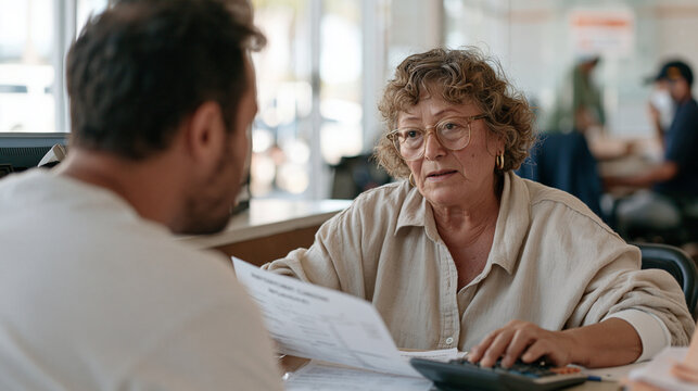 Armenian family matriarch negotiating loan modification terms at a community development bank, translated repayment schedule in hand, adult son translating beside her, total