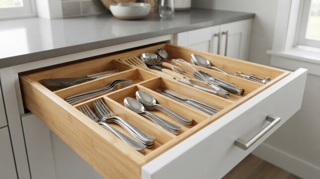 A drawer with a bamboo cutlery organizer containing a variety of silverware, including knives, forks, and spoons.