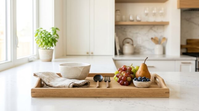 A wooden tray with fruits and utensils on a kitchen counter.