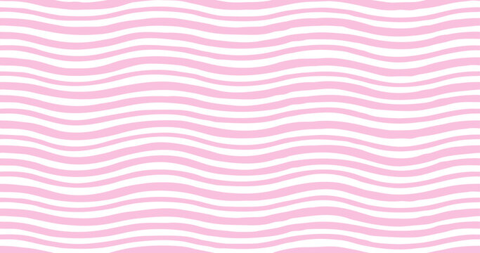 Cute summer background with pink wavy stripes. Seamless pattern with horizontal curved irregular lines. Pastel pink waves background, vector illustration