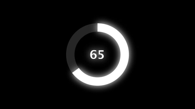 circle countdown timer animation from 0 to 65 second animation on black background with alpha channel, 65 second countdown timer, Countdown