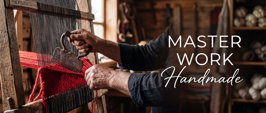 Artisan weaver hands working loom weaving red wool fabric in rustic studio with traditional weaving comb, showcasing authentic craft, master handiwork, textile production, and heritage craftsmanship.