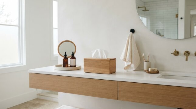 A modern bathroom with a wooden vanity, white countertop, and a round mirror with a black frame.