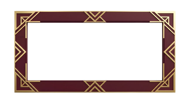 Deco rectangular border frame with maroon panels and gold geometric lines, isolated on black background