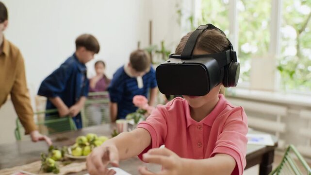 Caucasian girl wearing VR headset, gesturing hands during interactive digital art lesson. Perfect for modern edtech commercials, online learning marketing, and futuristic education campaigns