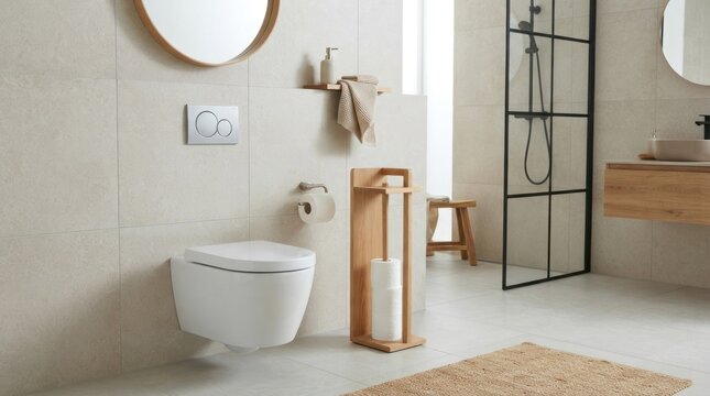 A modern bathroom with a white toilet, wooden shelf, and beige tiles.