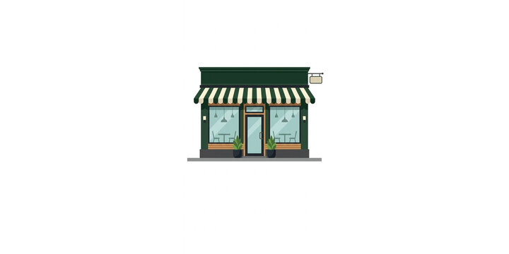 Modern restaurant storefront front view flat vector illustration with cafe entrance windows awning and outdoor plants
