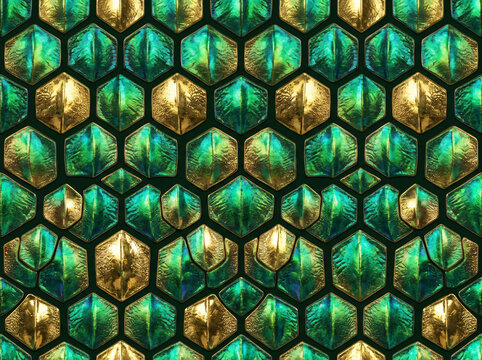 Abstract seamless background with metallic green and gold hexagonal tiles.