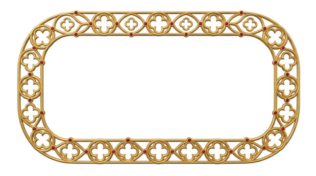 Ornate gold rectangular frame with rounded corners, featuring gothic quatrefoil patterns and small red circular accents on a black background