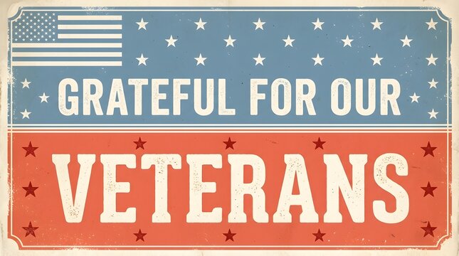Grateful for Our Veterans Vintage Patriotic Banner with Red White and Blue Stars