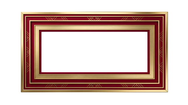 Rectangular deco frame with gold metallic borders and deep red inlays, geometric linear patterns on a solid black background