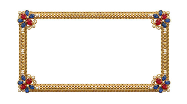 Rectangular gold frame decorated with ruby and sapphire gemstones, pearl accents, and ornate beaded borders isolated on a black background