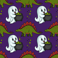 Seamless pattern vector with cute cartoon ghost holding a magic cauldron and green stegosaurus dinosaur for Halloween © Khrystyna Turchyn