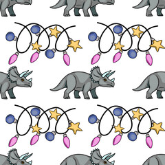 Seamless vector pattern with cute cartoon triceratops dinosaurs and festive Christmas string lights © Khrystyna Turchyn