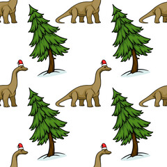 Seamless vector pattern with cute cartoon dinosaurs wearing Santa hats and evergreen fir trees in winter © Khrystyna Turchyn