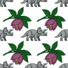 Seamless vector pattern with cute cartoon triceratops dinosaurs and purple hellebore flowers © Khrystyna Turchyn
