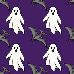 Halloween seamless pattern vector with flying pterodactyl dinosaurs and white ghosts on purple background © Khrystyna Turchyn