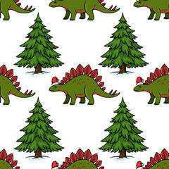 Seamless vector pattern with cartoon stegosaurus dinosaurs wearing Santa hats and evergreen fir trees for Christmas holidays © Khrystyna Turchyn