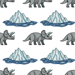 Seamless vector pattern with cute triceratops dinosaurs and icebergs in a winter landscape © Khrystyna Turchyn