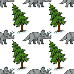 Seamless pattern with cartoon triceratops dinosaurs and evergreen pine trees, winter holiday vector illustration © Khrystyna Turchyn