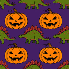 Seamless vector pattern with cute cartoon stegosaurus dinosaurs and spooky Halloween jack-o'-lantern pumpkins on a dark purple background. © Khrystyna Turchyn