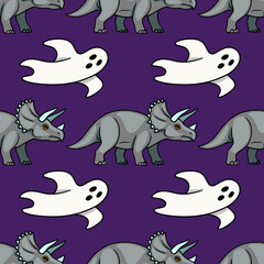 Seamless vector pattern with cute cartoon triceratops dinosaurs and spooky ghosts on a dark purple background © Khrystyna Turchyn