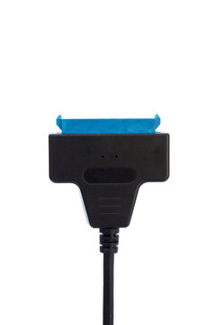 Black SATA to USB adapter cable connector with blue insert isolated on white background
