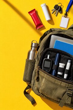 Khaki canvas backpack with diabetes kit and medical supplies on yellow background, featuring copy space for healthcare and wellness templates