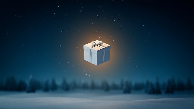 A glowing white gift box floating in a dark, snowy winter forest at night, surrounded by magical light particles and a serene, cold atmosphere