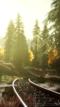 Train tracks run through a forest with tall trees. The sun sets, casting light on the scene. Leaves are changing colors, showing shades of yellow and orange.