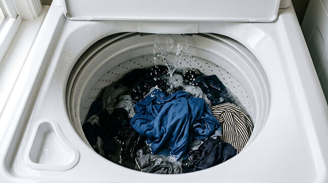 Close-up of a top-loading washing machine filling with water, starting the daily laundry cleaning cycle for fresh clothes