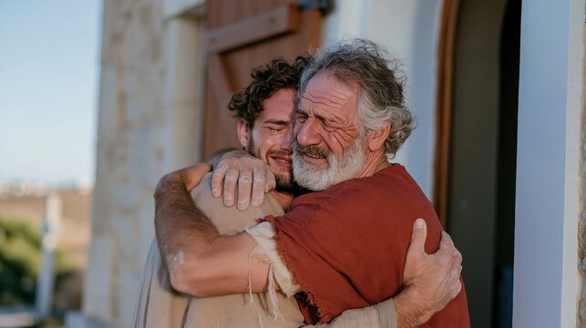 Prodigal son and father embrace in a heartfelt reunion at a rustic stone doorway, featuring weathered textures for Christian teaching