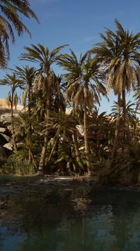 Palm trees are growing near calm water in a desert location. The scene shows rocks in the background under a blue sky. This place seems untouched and natural.