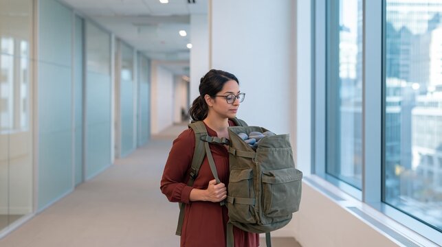South Asian woman carrying a heavy canvas backpack full of stones in a bright office corridor, for mental health and burnout concepts, copy space