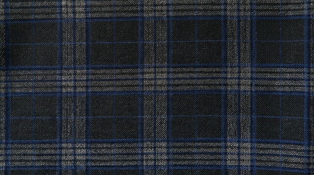 Plaid fabric texture with a subtle check pattern, featuring a refined charcoal grey and slate blue weave for fashion and apparel backgrounds