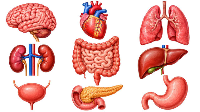 Human brain heart lungs kidneys intestines liver pancreas bladder and stomach medical anatomy isolated on white background