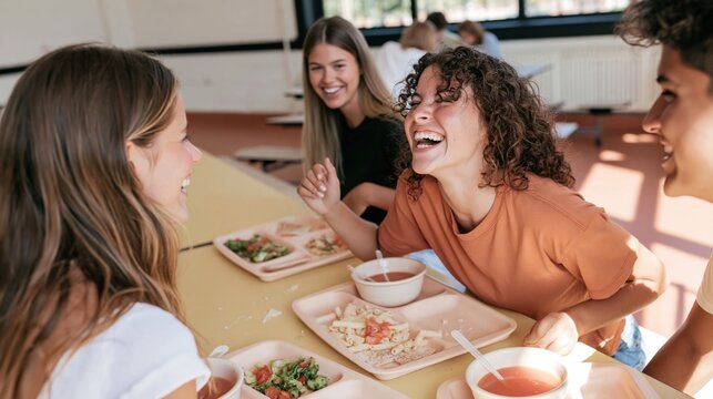 High school students eating lunch in a cafeteria, with a laughing girl and fresh pasta trays for school meal program ads