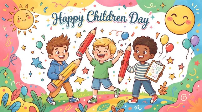 Happy Children&rsquo;s Day Colorful Cartoon Illustration of Diverse Children Playing with Balloons