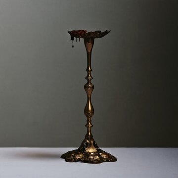Ornate brass candlestick with a decorative baroque stem and melted wax, featuring a rich metallic sheen for antique and interior design themes