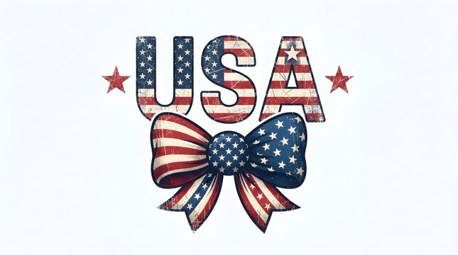 USA Patriotic Lettering with American Flag Bow and Red White Blue Stars