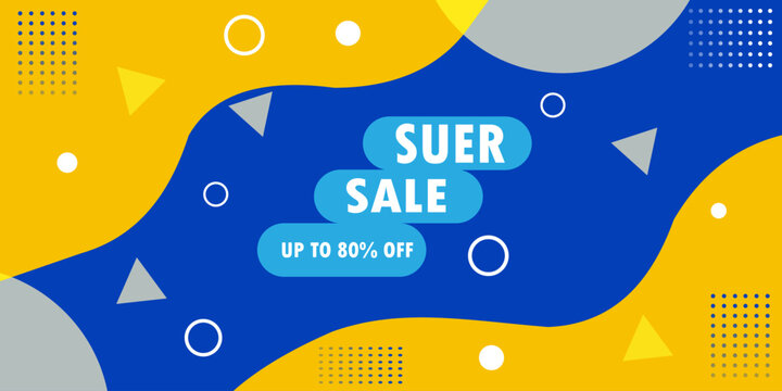 Modern Geometric Super Sale Banner with Blue and Yellow Abstract Shapes, Discount Promotion Background. Resizable and editable, EPS 10.