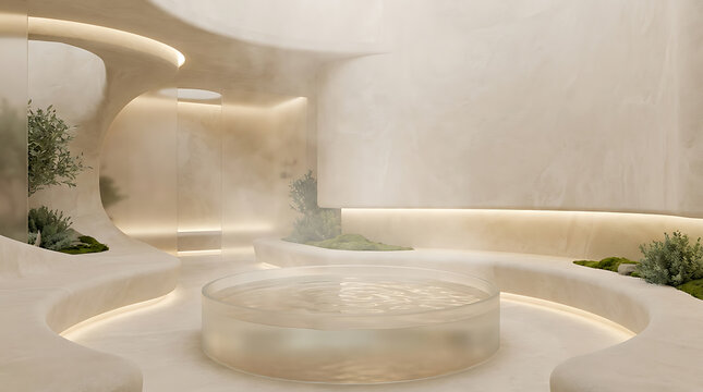 Minimalist wellness spa interior with neutral tones and circular water feature for relaxation and meditation &mdash; Luxury Zen Meditation Sanctuary, Serene Spa Retreat Architecture Wallpaper