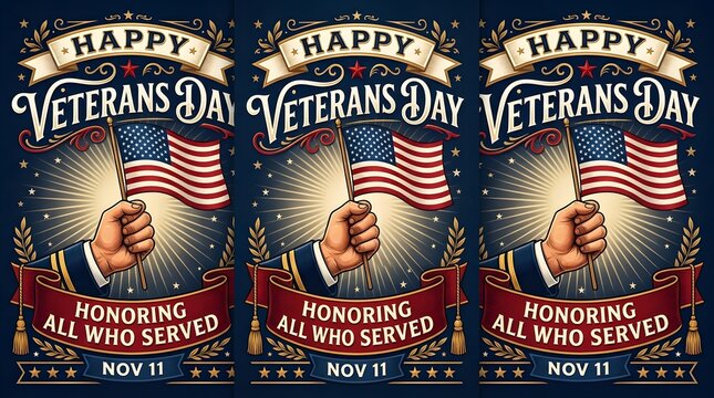 Happy Veterans Day Patriotic Poster Collection with Saluting Soldier, American Flags and Honor All Who Served